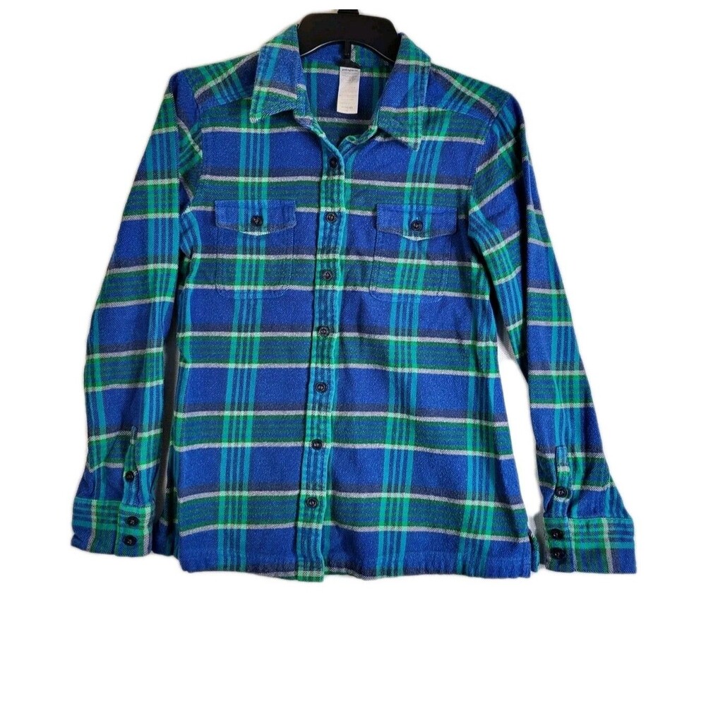 Patagonia Shirt Women's 4 Blue Green Flannel Plaid Long Sleeve Button-Up Organic